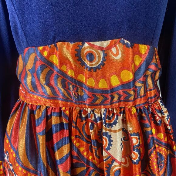 Vintage 60s 70s Paisley Psychedelic Ruffle Hostess Maxi Dress Large L Polyester - Picture 3 of 14